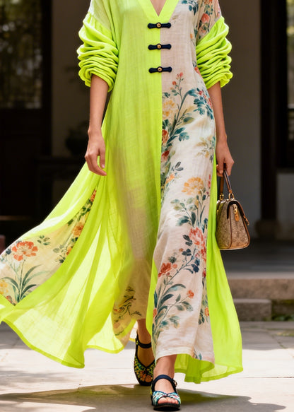 Casual Colorblock V Neck Print Maxi Dresses Fall
