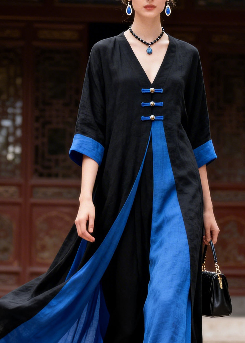 Casual Colorblock V Neck Solid Maxi Dress Summer