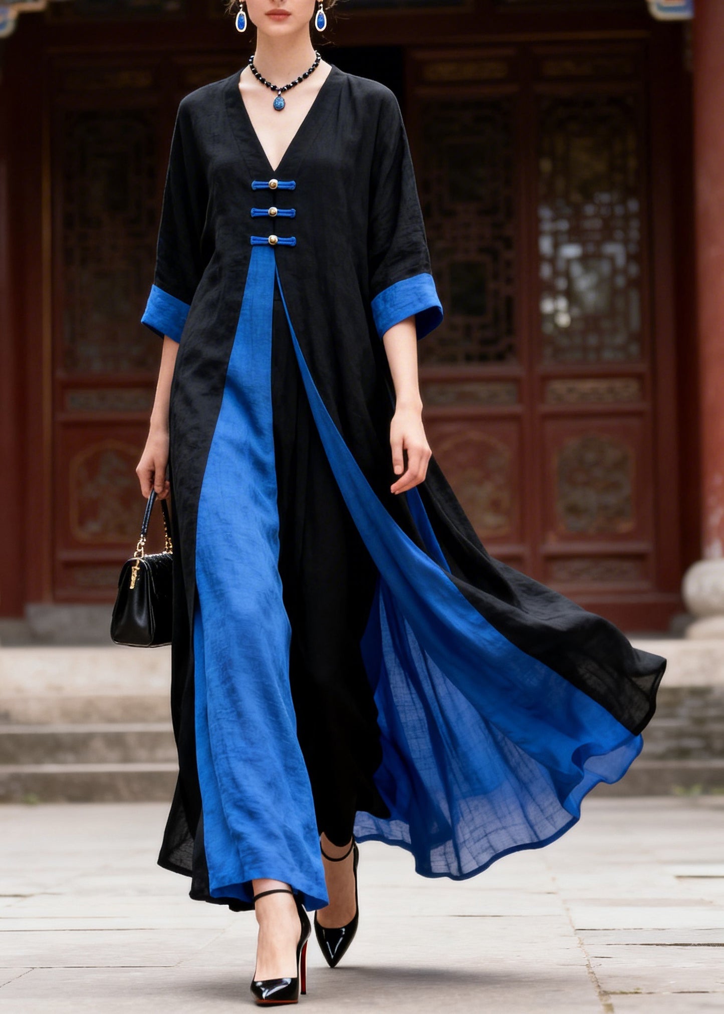 Casual Colorblock V Neck Solid Maxi Dress Summer