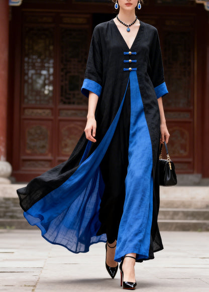 Casual Colorblock V Neck Solid Maxi Dress Summer