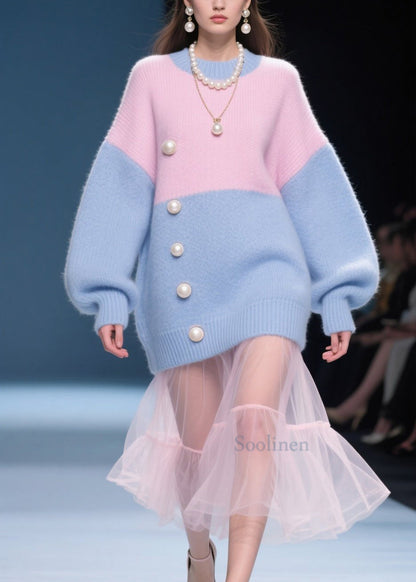 Casual ColorblockO Neck Nail Bead Knit Sweater Tops Fall