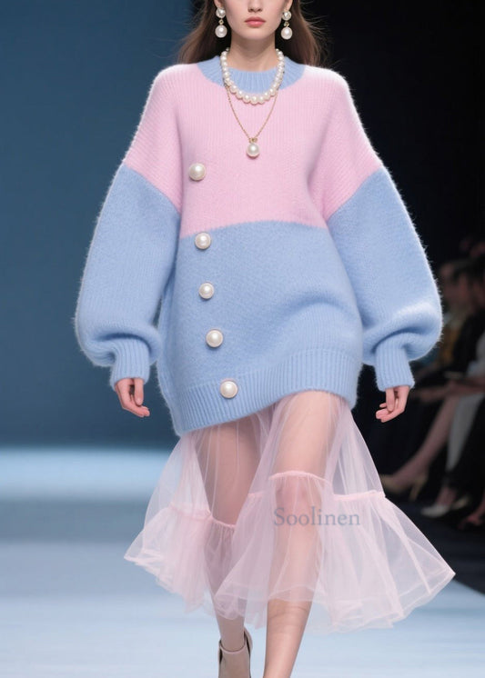 Casual ColorblockO Neck Nail Bead Knit Sweater Tops Fall