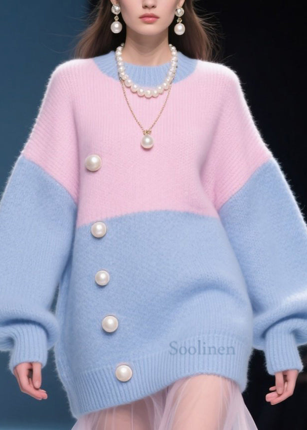 Casual ColorblockO Neck Nail Bead Knit Sweater Tops Fall