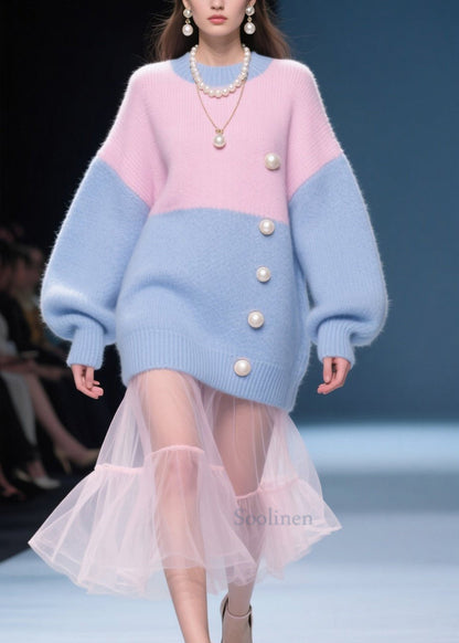 Casual ColorblockO Neck Nail Bead Knit Sweater Tops Fall