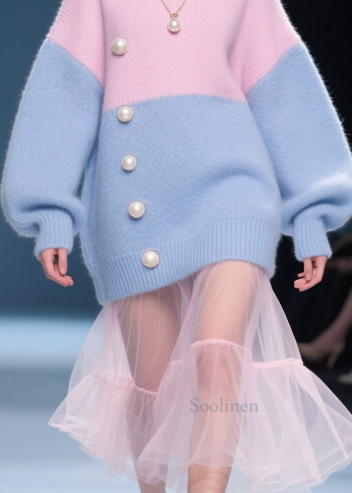 Casual ColorblockO Neck Nail Bead Knit Sweater Tops Fall