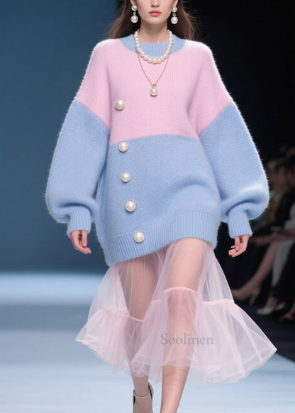 Casual ColorblockO Neck Nail Bead Knit Sweater Tops Fall