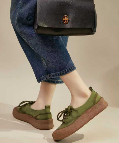 Casual Comfy Green Cowhide Leather Flat Shoes Splicing Lace Up