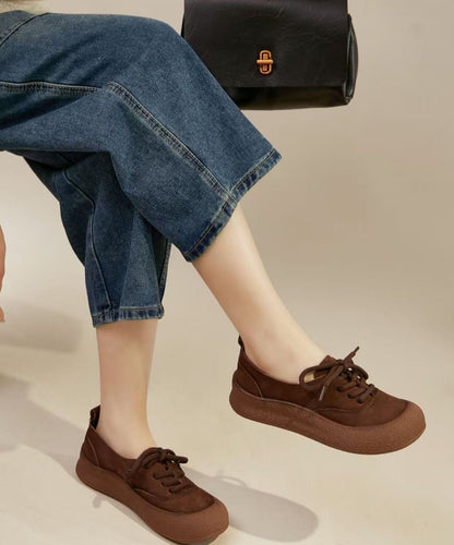 Casual Comfy Green Cowhide Leather Flat Shoes Splicing Lace Up