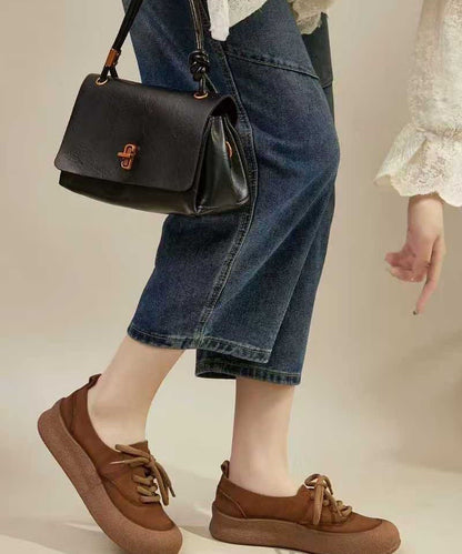 Casual Comfy Green Cowhide Leather Flat Shoes Splicing Lace Up