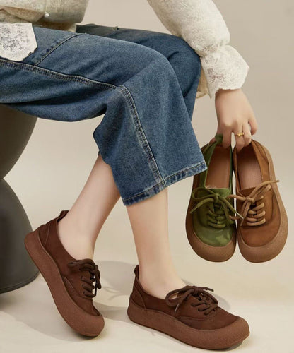 Casual Comfy Green Cowhide Leather Flat Shoes Splicing Lace Up