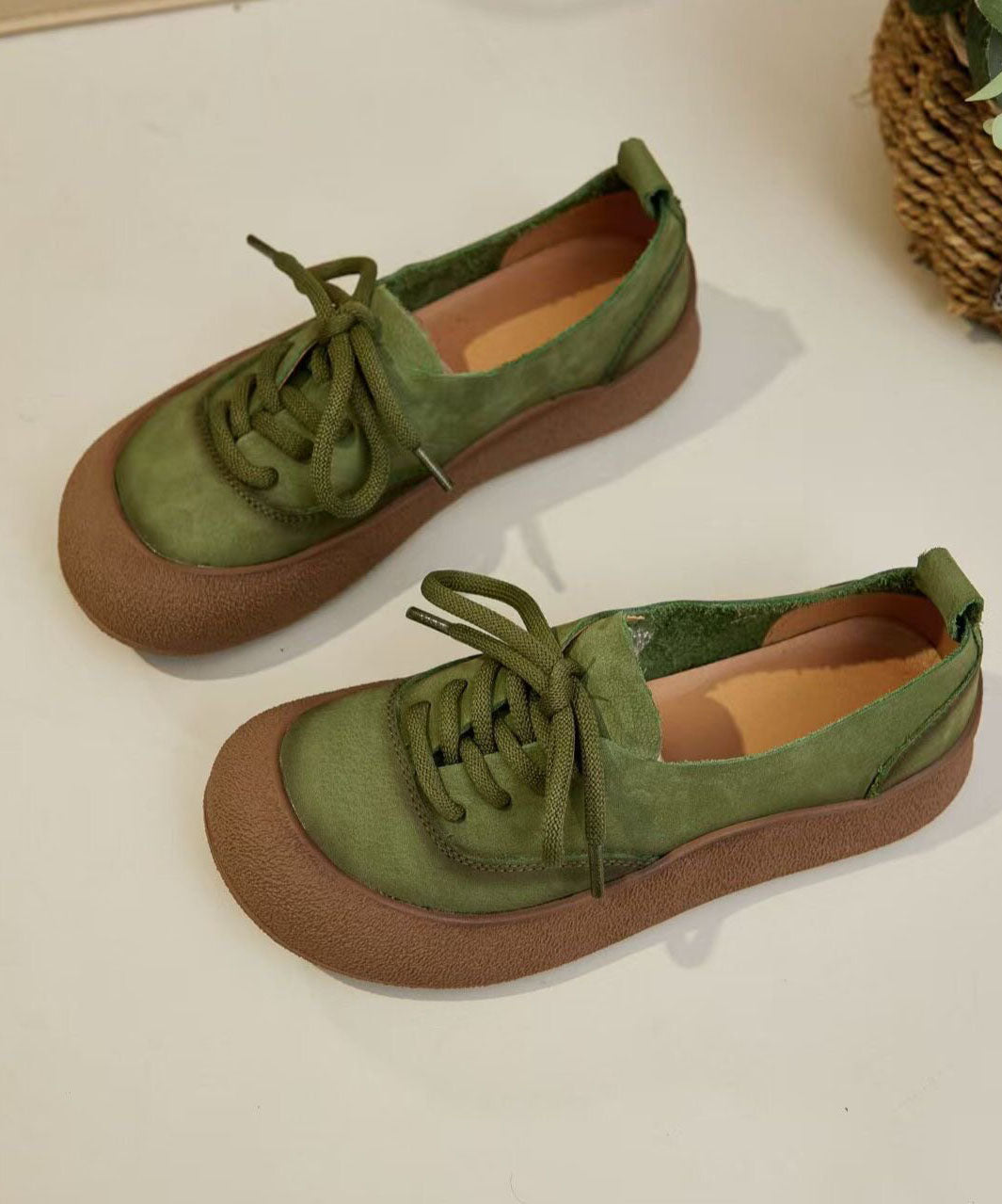 Casual Comfy Green Cowhide Leather Flat Shoes Splicing Lace Up