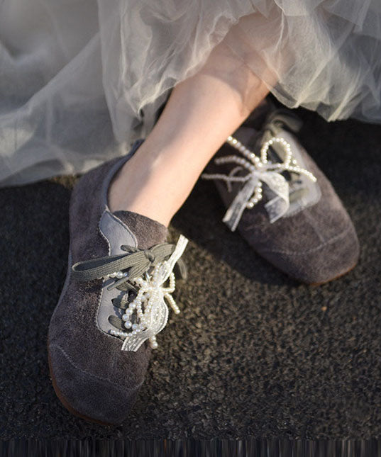 Casual Cowhide Leather Flats Grey Bow Lace Up Flat Shoes For Women