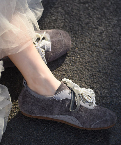 Casual Cowhide Leather Flats Grey Bow Lace Up Flat Shoes For Women