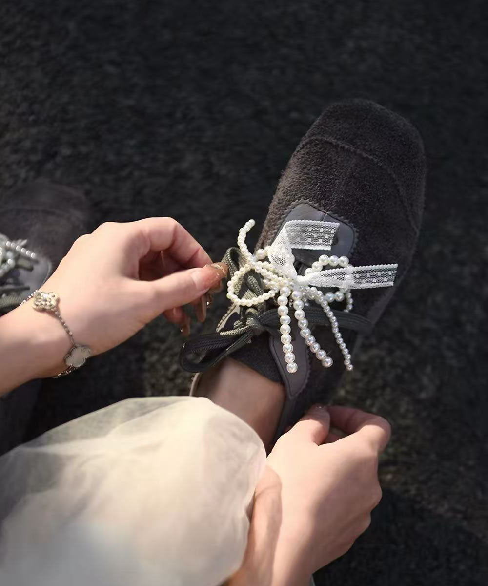 Casual Cowhide Leather Flats Grey Bow Lace Up Flat Shoes For Women