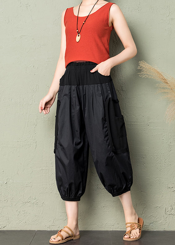 Casual Cozy Black Pockets Patchwork Cotton Lantern Pants Summer