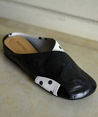 Casual Cross Strap Black Cowhide Leather Slide Sandals