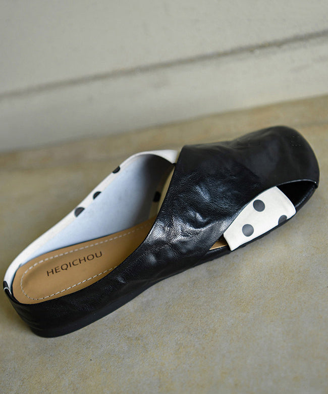 Casual Cross Strap Black Cowhide Leather Slide Sandals