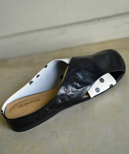 Casual Cross Strap Black Cowhide Leather Slide Sandals