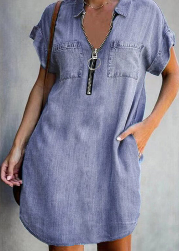 Casual Dark Blue Peter Pan Collar Patchwork Denim Mid Dress Short Sleeve