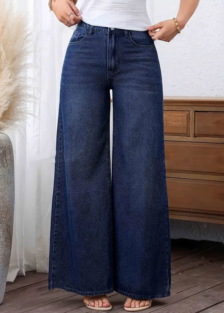 Casual Dark Blue Pockets Patchwork Wide Leg Jeans Fall