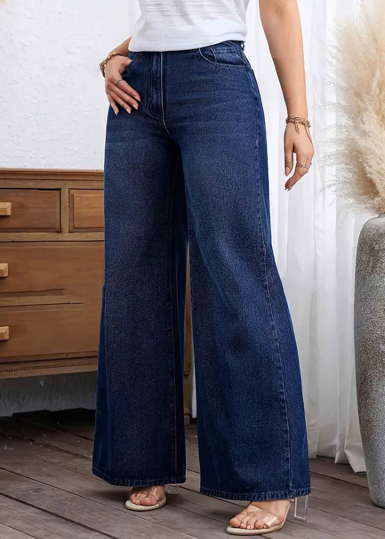 Casual Dark Blue Pockets Patchwork Wide Leg Jeans Fall