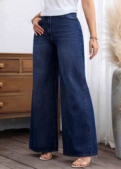Casual Dark Blue Pockets Patchwork Wide Leg Jeans Fall