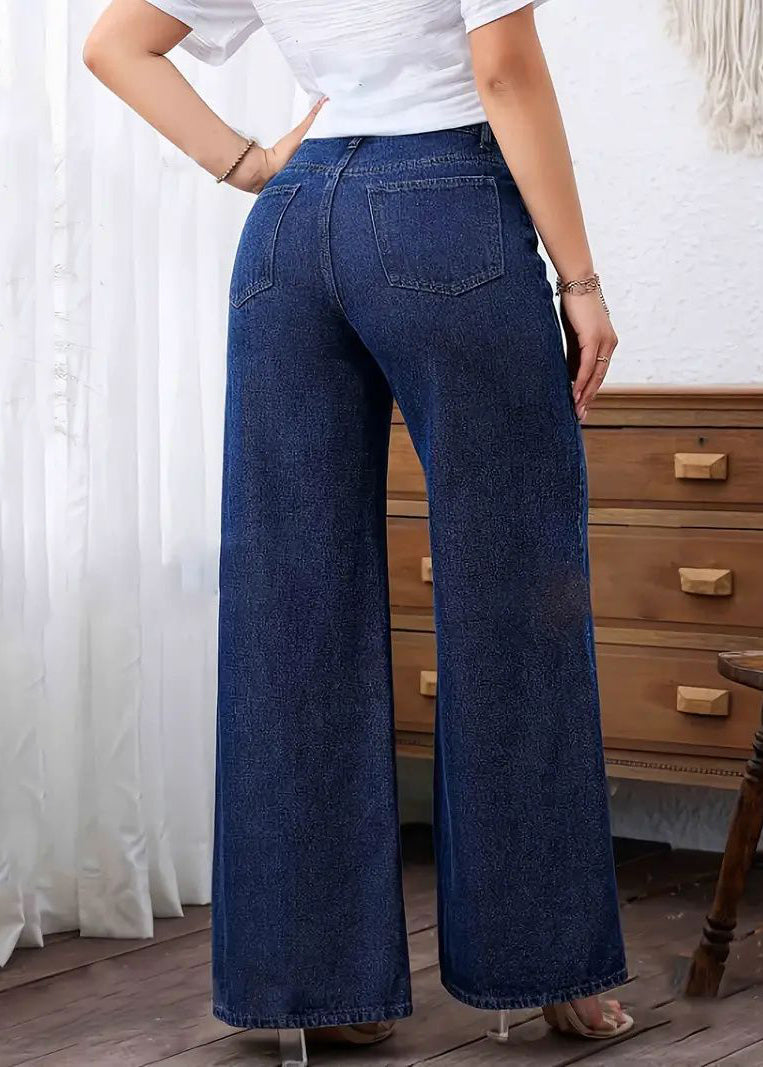 Casual Dark Blue Pockets Patchwork Wide Leg Jeans Fall