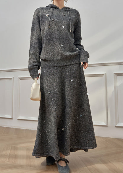 Casual Dark Gray Hooded Sequins Knit Two Pieces Set Winter