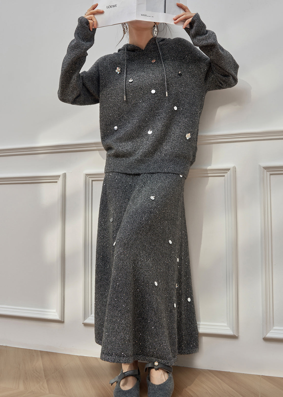 Casual Dark Gray Hooded Sequins Knit Two Pieces Set Winter