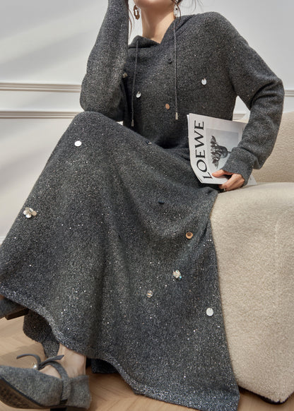 Casual Dark Gray Hooded Sequins Knit Two Pieces Set Winter