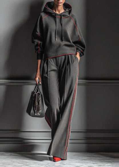 Casual Dark Gray Hooded Striped Sweatshirts And Pants Cotton Two Pieces Set Spring