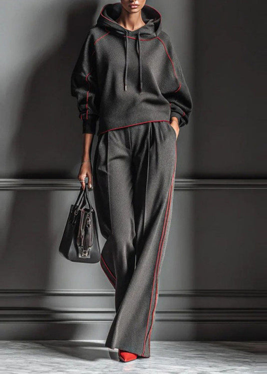 Casual Dark Gray Hooded Striped Sweatshirts And Pants Cotton Two Pieces Set Spring