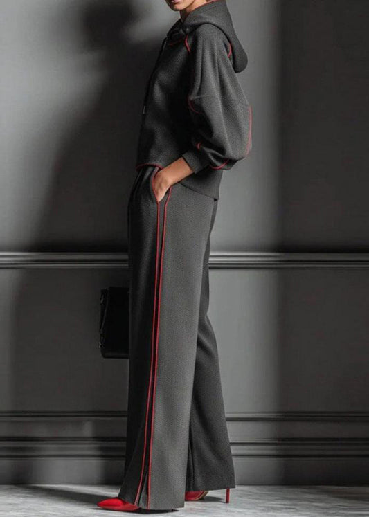 Casual Dark Gray Hooded Striped Sweatshirts And Pants Cotton Two Pieces Set Spring