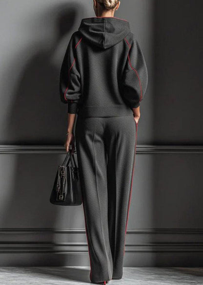 Casual Dark Gray Hooded Striped Sweatshirts And Pants Cotton Two Pieces Set Spring