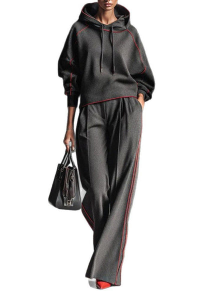 Casual Dark Gray Hooded Striped Sweatshirts And Pants Cotton Two Pieces Set Spring