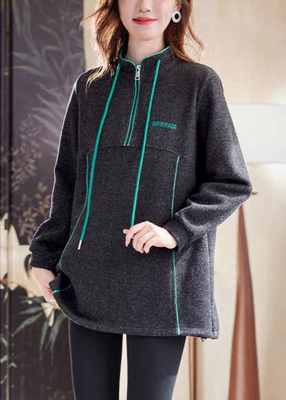 Casual Dark Gray Zip Up Drawstring Patchwork Cotton Sweatshirts Winter