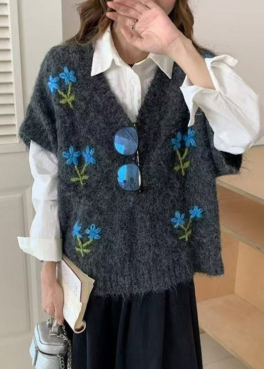 Casual Dark Grey Embroidered Floral Knit Waistcoats Sleeveless