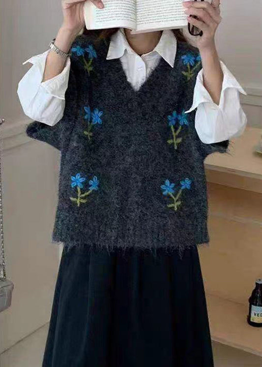 Casual Dark Grey Embroidered Floral Knit Waistcoats Sleeveless