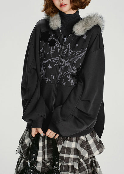 Casual Dark Grey Fur Collar Patchwork Cotton Hooded Coat Spring