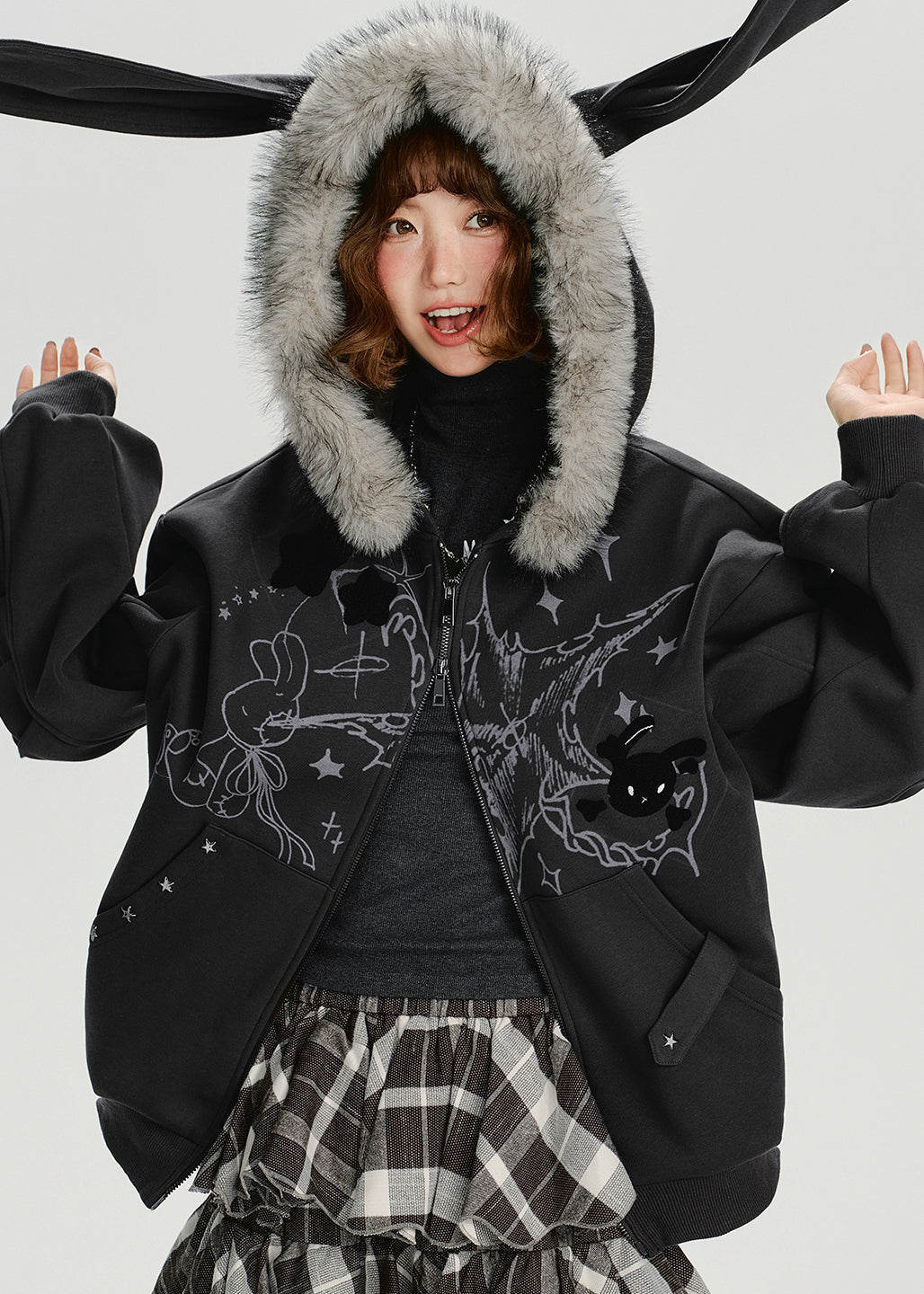 Casual Dark Grey Fur Collar Patchwork Cotton Hooded Coat Spring