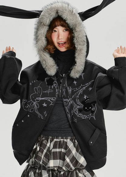 Casual Dark Grey Fur Collar Patchwork Cotton Hooded Coat Spring