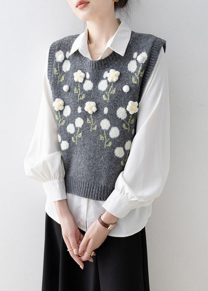 Casual Dark Grey O Neck Floral Knit Vest Sleeveless