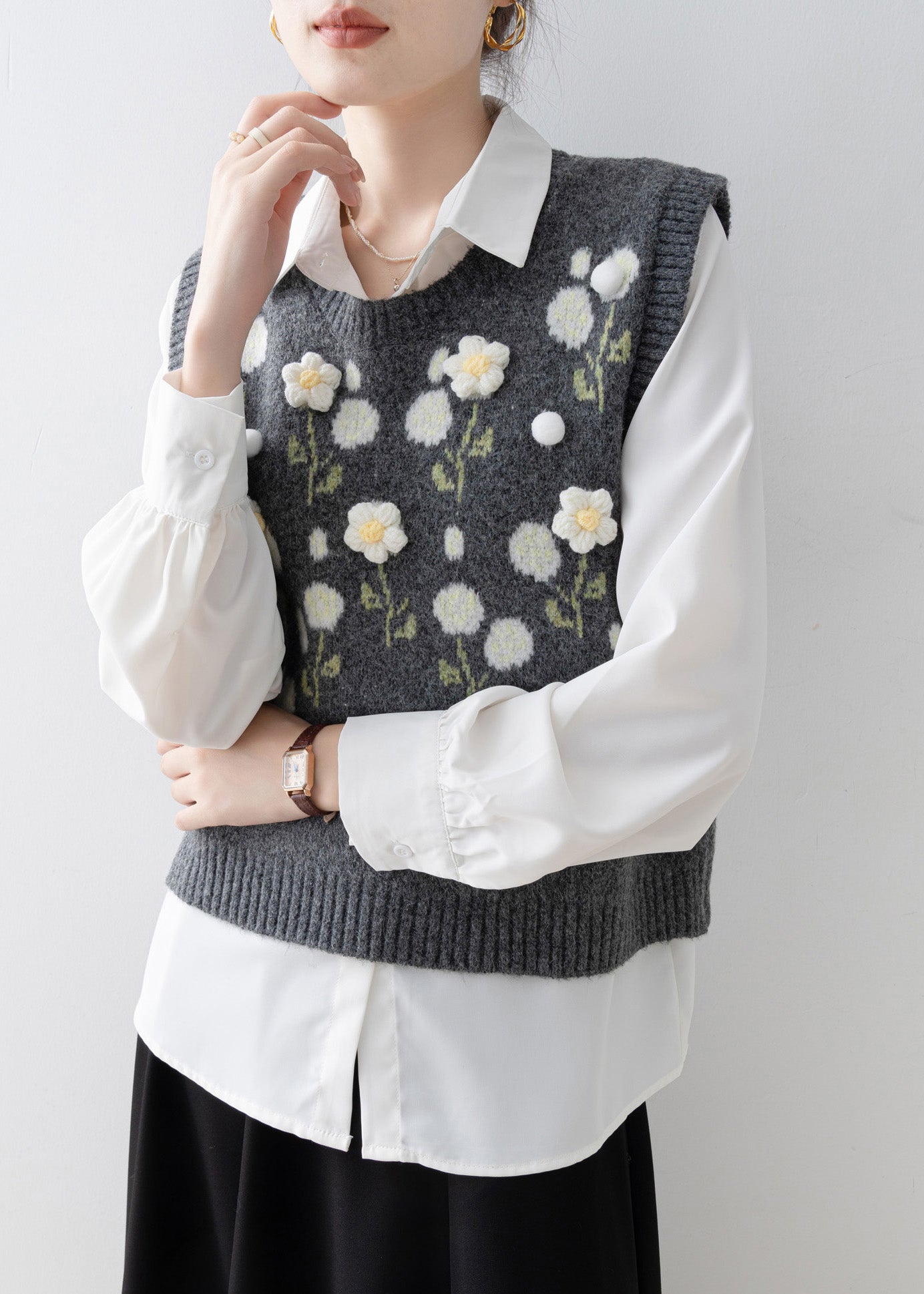 Casual Dark Grey O Neck Floral Knit Vest Sleeveless