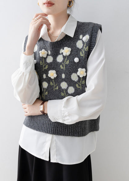Casual Dark Grey O Neck Floral Knit Vest Sleeveless