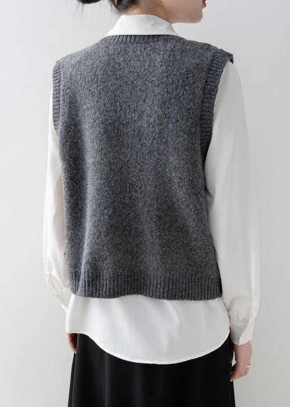 Casual Dark Grey O Neck Floral Knit Vest Sleeveless