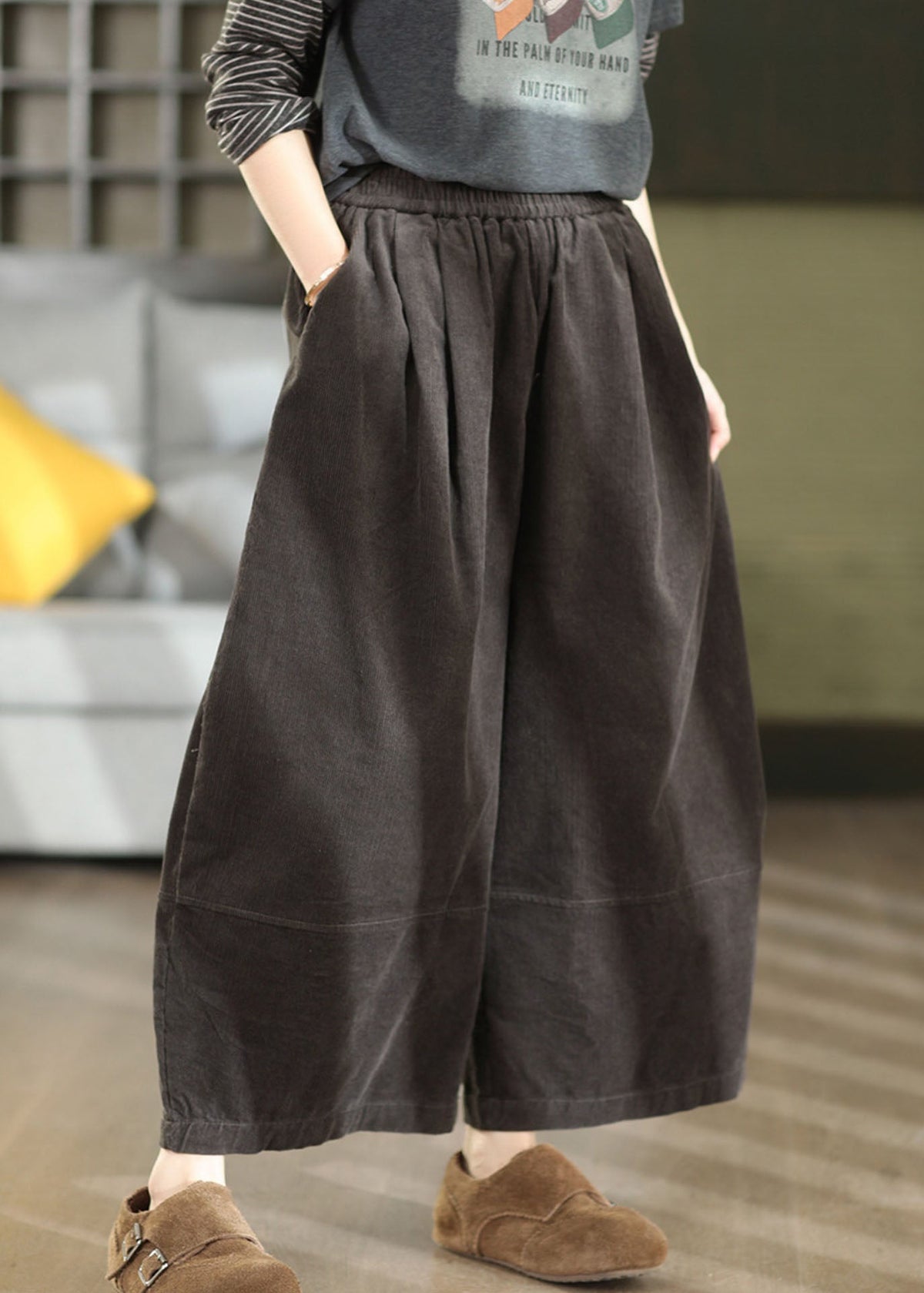 Casual Dark Grey Oversized Corduroy Pants Trousers Fall