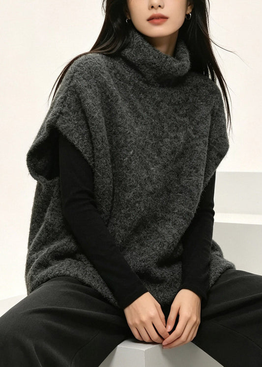 Casual Dark Grey Turtleneck Cotton Knit Waistcoat Short Sleeve