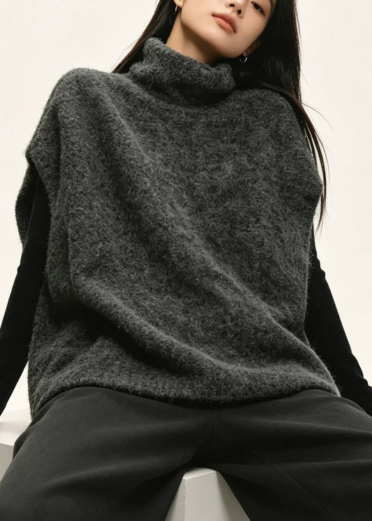 Casual Dark Grey Turtleneck Cotton Knit Waistcoat Short Sleeve