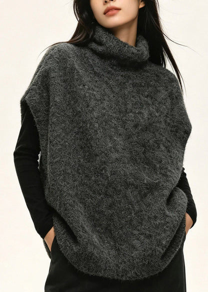 Casual Dark Grey Turtleneck Cotton Knit Waistcoat Short Sleeve