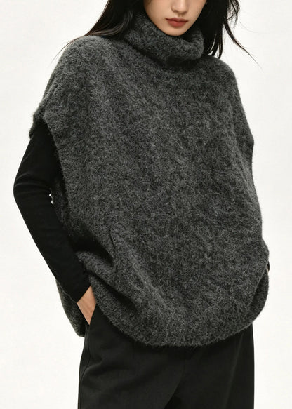 Casual Dark Grey Turtleneck Cotton Knit Waistcoat Short Sleeve